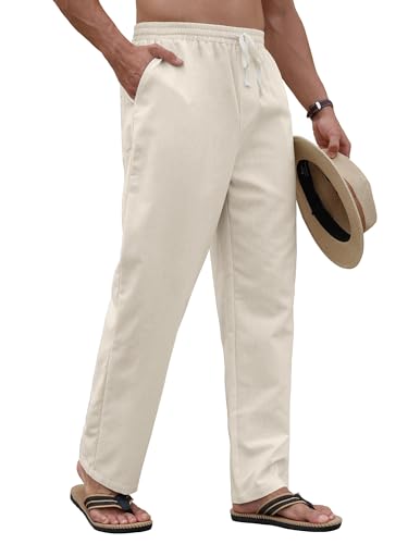 PLEPAN Men's Linen Pants Elastic Waist Drawstring Casual Summer Beach Lightweight Yoga Trousers Loose Fit