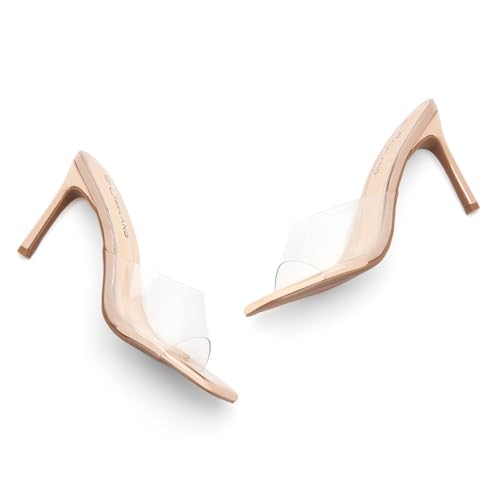 Image of Shoe Land Melrose Women's High Heels Stiletto Heeled Slides, Square Open Toe One Band Slip-On Heeled Mules - Dressy Clear Heeled Sandals for Prom Party Wedding and Vacation