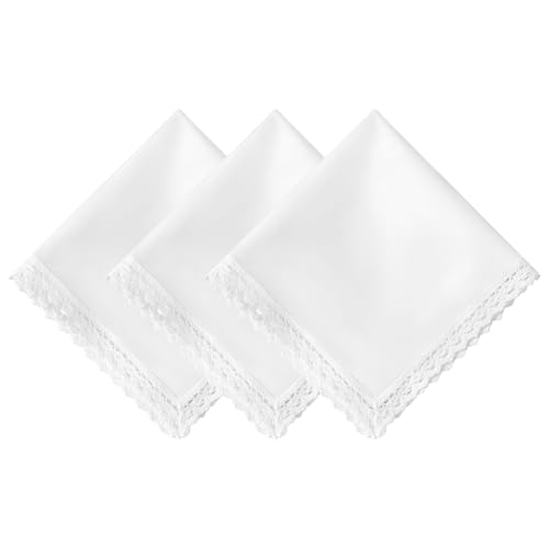 HOULIFE Pañuelos blancos puros de algodón suave para mujer, pañuelo con borde de encaje para mujer, pañuelo para bodas, Color 1-3PCS, M