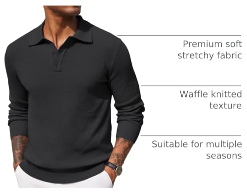 Camiseta Polo de punto para hombre COOFANDY, manga larga, cuello polo con 3 botones, textura waffle, tejido elástico suave, ajuste regular, estilo casual y business miniatura 4