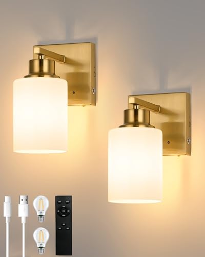 Image of Rayogale Wireless Battery Operated Wall Sconce Set of 2 with Remote Control | Gold Dimmable Rechargeable Wall Lights with Timer, Easy Install White Glass Lamp for Living Room Bedroom, Emergency 3000K