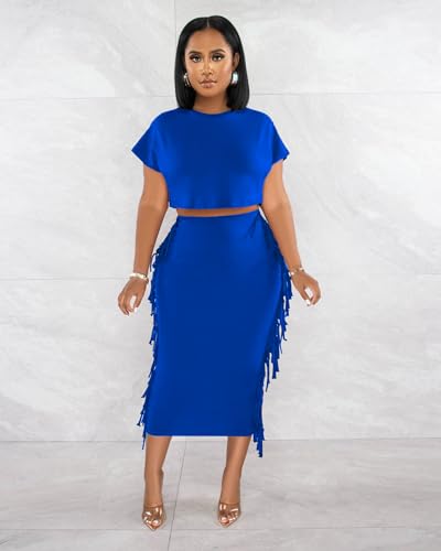 Image of YUEWOO 2 Piece Outfits for Women Sexy Crop Top Ruched Bodycon Maxi Dresses Fringe Skirt Sets Night Club Jumpsuits
