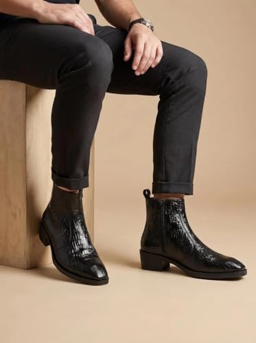 Image of Big Fox Men's Croc-Texture Cuban Boots | Premium Ankle-Length Fashion Boots | Stylish, Durable & Comfortable