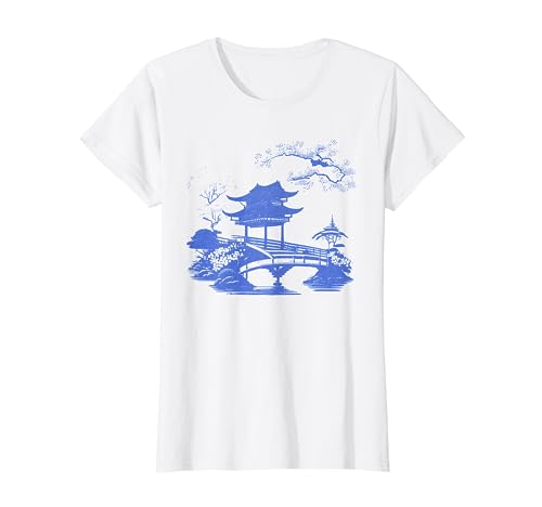 Vintage Chinoiserie Pagode Asiatische Grafik Chinesische Blaue Weide T-Shirt Vintage Chinoiserie Pagode Asiatische Grafik Chinesische Blaue Weide T-Shirt