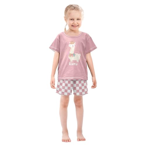 Checkerboard Plaid Llama Colorful Rose Pajama Set Short Sleeve Pajamas Shorts Sets Cotton PJS 2 Piece Clothes Set 5Y3