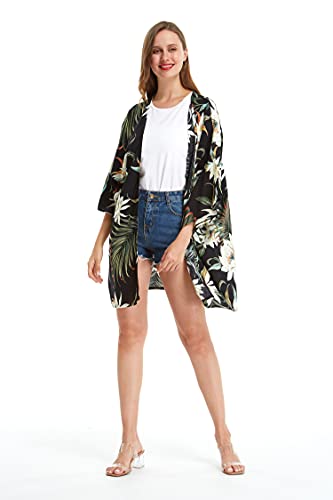Image of Family Matching Hawaiian Clothes, Wispy Cereus Black | Lightweight 100% rayon • Family matching outfits • Tropical floral print • Beach vacations • Luaus • Cruises • Family photos