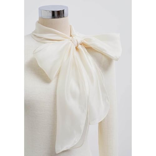 Image of CHICWISH Women Organza Bowknot Neck Knit Top Long Sleeve Elegant Slim Fitted Fall Casual Solid Pullover Tops