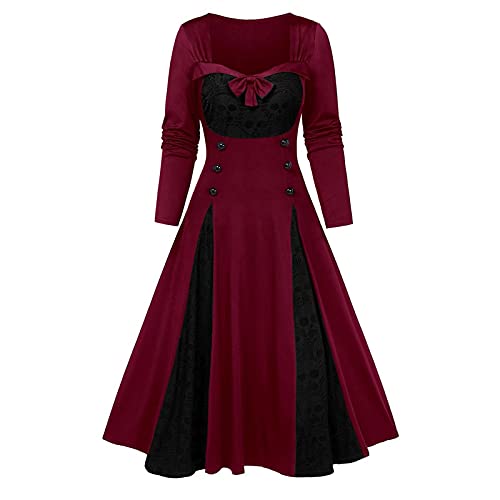 Peigen Womens Dresses Elegant,Casual V Neck Lace Splicing Long Sleeve Party Dress Vintage Plus Size Dresses for Wedding Guest, Red, 5X-Large