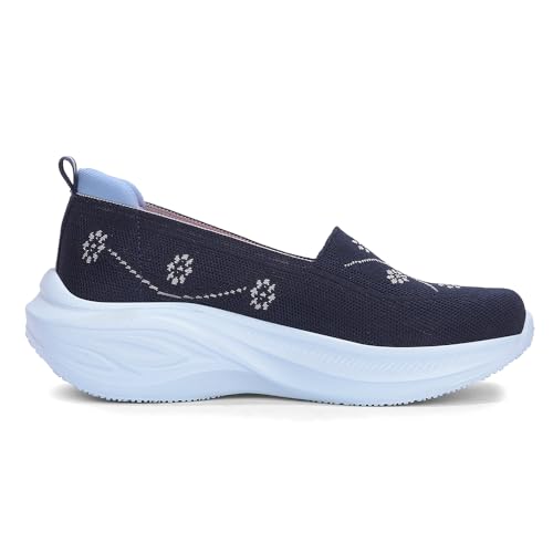 Image of Liberty LEAP7X GLOWSTAR-E Slip-On Sneakers for Women - Peach & Navy Knitted Casual Shoes | Memory Foam Cushioned Insole, Lightweight Slip-On Shoes for Walking, College & Casual Outings