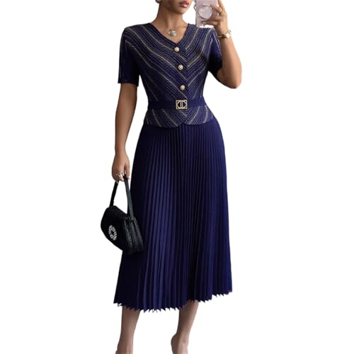 ASANDY Womens Pleated Midi Dress Casual V Neck Short Sleeve