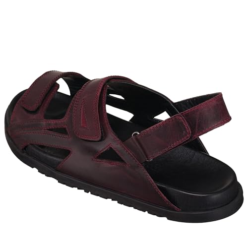 DALGALA Men's Burgundy Calfskin Big Size Wide Fit Hook and Loop Sandals Summer Shoes3