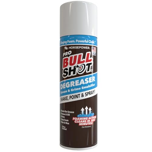 Bull Shot Degreaser Pro Foaming Degreaser & Grime Remover Heavy-Duty AS SEEN ON TV Residue-Free Shake Point & Spray Emulsifies Grease Oil Splatters Glue Tape Residue & More - Made in the USA