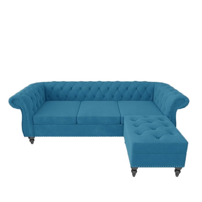Image of Chesterfield Velvet 3 Seater Round Arm Sofa + Ottoman Modern Sofa for Your Loving Space, Bedroom, Living Room, Offices (Teal)