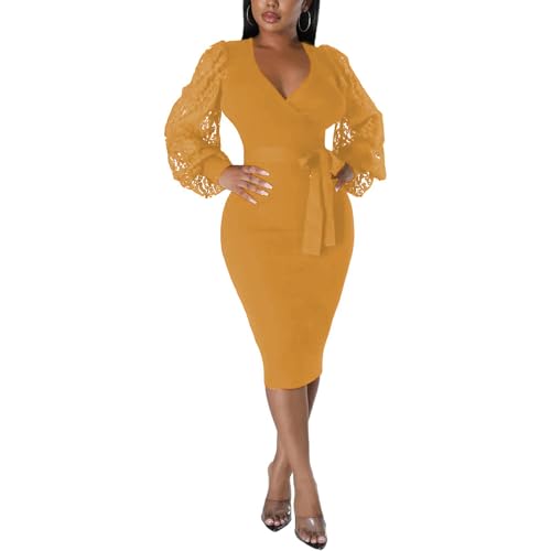 Image of BOGURST Semi Formal Church Dresses for Women Bishop Sleeve Sexy V Neck Bodycon Midi Dresses