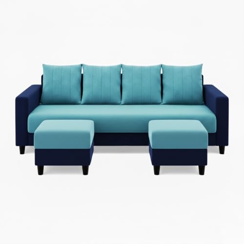 Image of Strikon Plush 6 Seater L Shape Sofa Set with 2 Movable Ottoman | Flexible Layout |Silken Velvet Suede | Designer Sofa for Living Rooms & Office Spaces (Sky Blue & Dark Blue)