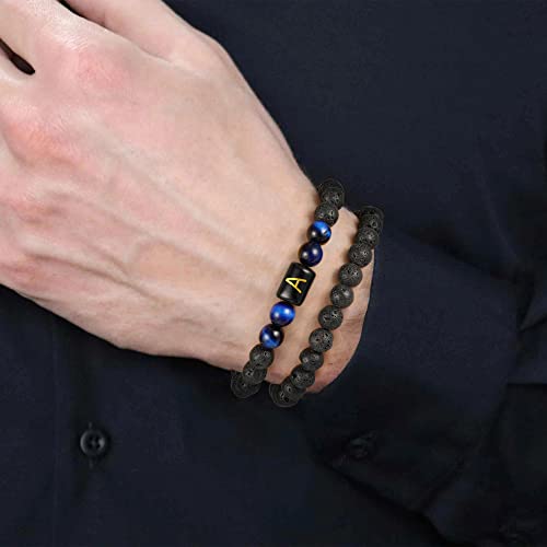 Mens Bracelets, 8Mm Blue Tiger Eye Bracelets Mens Lava Rock Bracelets For Men Letter K Bracelets Mens Bracelet Beads Anxiety Bracelet Initial Bracelet For Mens Beaded Bracelets For Mens Jewelry Gifts #TOP1