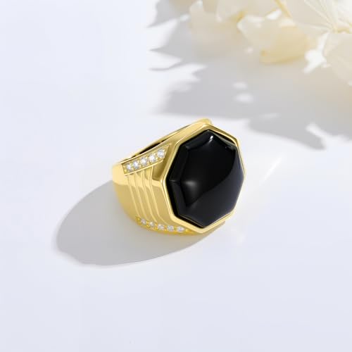 MRENITE Personalize 10k 14k 18k Gold Mens Onyx Rings, Natrual Black Gemstone Signet Band for Men, Geometry Vintage Pinky Thumb Ring Gift for Dad Father Him2