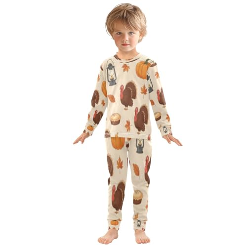 Pajama Sets Long Sleeve Autumn Leaves Pattern with Turkeys Soft Comfy Sleepwear 2 Piece PJS 3-8T2