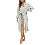 HEARTNICE MORGENMANTEL DAMEN 100% BAUMWOLLE, BADEMANTEL LEICHT KIMONO SAUNAMANTEL HAUSMANTEL LANG (GRAU MEL., M)