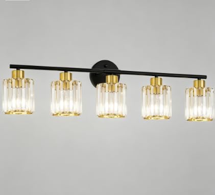 Image of Modern Black Gold Crystal Bathroom Light Fixtures,5-Light