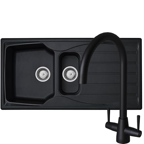 Liquida CMP15BL 1.5 Bowl Reversible Black Kitchen Sink and LU408MB Mixer Tap
