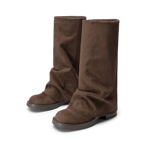 Athlefit Slouchy Mid Calf Boots for Women Fold Over Square Toe Platform Wide Calf Pull On Brown Suede Fall Boots for Travel Vacations Size 11 — view 6