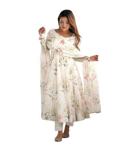 KD Women's Organza Anarkali Floral Printed Kurta Pent Set With Dupatta Set Anarkali Kurti for Women| 100% Georgette