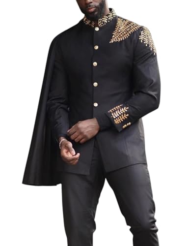 African 3 Piece Suit for Men Embroidered Tuxedo Set Slim Fit Prom Graduation Party Jacket Pants with Detachable Cape