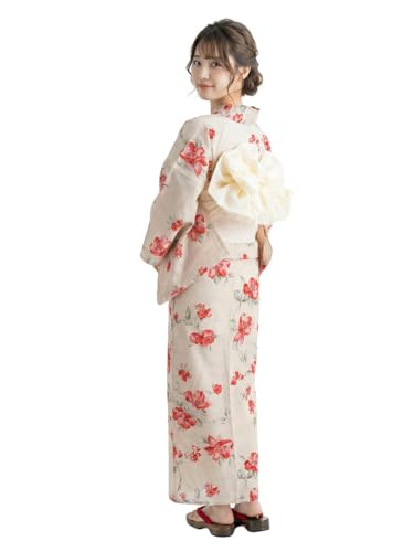 浴衣 セット レディース [なごみや] 女物 レトロ花柄 変わり織 浴衣 ラメ 兵児帯 2点セット レトロ 古典柄 シック かっこいい 高見え 夏祭り 夕涼み 花火 レディース Free Size サザンカ_ベージュ×オフ白の商品画像（Amazon）
