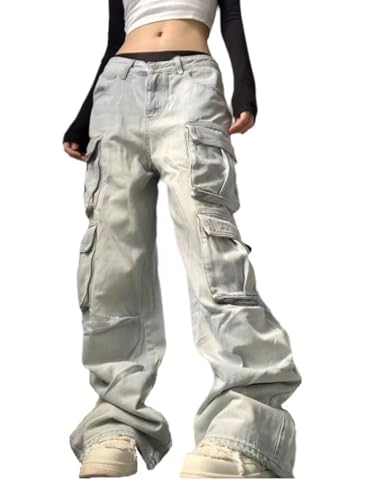 Women's Cargo Pants Y2K High Waist Baggy Jeans Flap Pocket Loose Denim Pants Streetwear