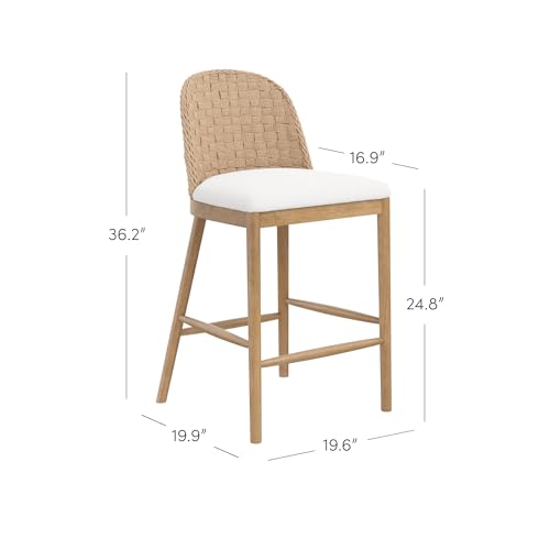 Image of Nathan James Rikki Seagrass Bar Stool with Back, 4-Pack Boucle Counter Stool with Upholstered Seat, Solid Wood Frame, and Woven Seagrass Backrest