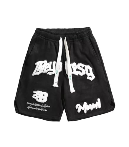 INVACHI Men's Letters Embroidery Shorts Casual Elastic Waist Drawstring for Men Corduroy Shorts Men