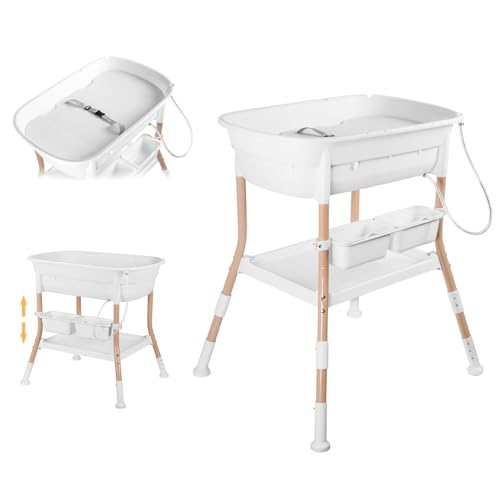 Bañera Multifunción con Cambiador y Patas Ajustables – Bañera para Bebé con Asiento Extraíble, Tubo de Drenaje y Cesta de Almacenamiento