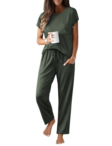 Image of Ekouaer Womens Pajama Sets Cap Sleeve Sleepwear Tops and Long Pants Comfy Pjs 2 Piece Lounge Set with Pockets S-XXL