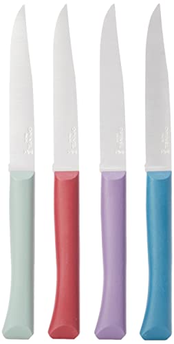 OPINEL - Coffret Table Bon Appétit Glam - 4 Couteaux OPINEL de Table - Couteaux à Steak de Table - Lame Inox Microdentée 11 cm et Manche Polymère - Grenat, Sauge, Violet, Bleu Canard