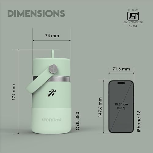 Image of VBOTT GENFLASK-Ozil -380 ml|Thermosteel Flask with Straw Sipper & Carrying Loop| SS 304 Water Bottle|Hot /Cold-18 /24 hrs|Insulated Bottles| SEA Green Colour|Multipurpose