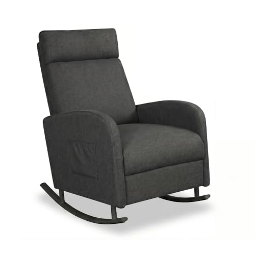 JIEXI Silla mecedora, moderna y cómoda, tapizada, en tela con respaldo alto, con bolsillo lateral, capacidad 150 kg, silla gris para salón, dormitorio, balcón