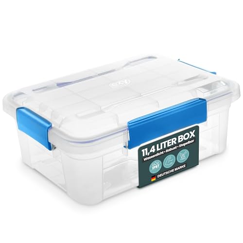 Kreher Aufbewahrungsbox mit Deckel (11 4 Liter) - Wasserdichte Box stapelbar Luftdichte Box BPA- & schadstofffrei robuste Lagerboxen mit Silikondichtung & 4 Clips (1 11 4 Liter)