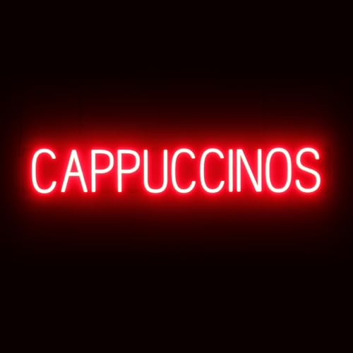 Image of SpellBrite LED Neon CAPPUCCINOS Sign for Business - Red, 41 inch x 6 inch | Ultra-Bright Click-Together Signage for Cafes, with Visibility from 500 Feet - 8 Animations, 6 Brightness Settings