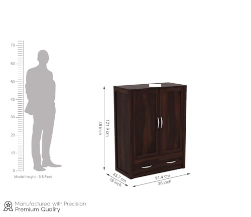 Image of Sheesham Wood Wooden 2 Door Wardrobe Organizer for Clothes | - Solid Wood Almirah with 1 Drawers, 2 Shelves - Cupboard for Large Bedroom, Walnut Finish