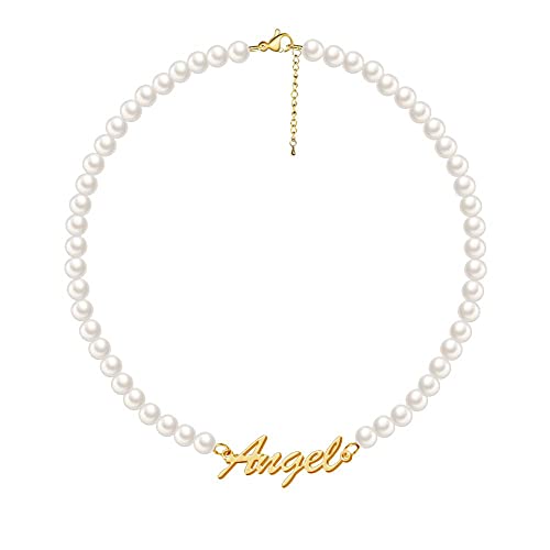 Dreamdecor Pearl Name Necklace for Women, Custom Nameplate Choker Necklace Dainty Personalized Pearl Jewelry Gifts for Birthday