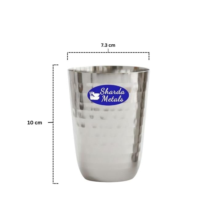 Image of Sharda Metals Stainless Steel Hammered Glass Set of 2 for Water, Juice, Soft Drinks, Lassi, Chaass & Beverages, Mathar Tumbler, Food Grade Serving Glasses - 300 ml Each