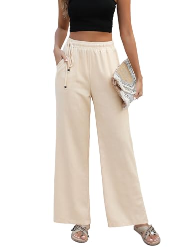PASUDA Pantalones Mujer Pantalones Lino de Algodón Verano Cómodos Cintura Alta Pantalones Rectos Ligero Casuales Flojo Pantalones Pantalón Anchos con Bolsillos y Cordón (Beige, M)