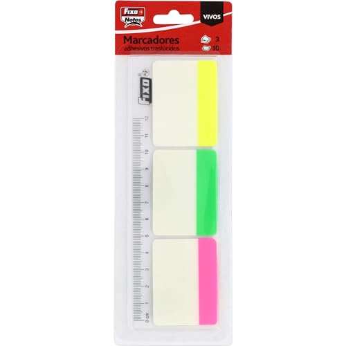 Fixo Notes - 30 Marcadores Adhesivos Colores Flúor con Regla 12cm, PET Tráslucido, Tamaño 38x50mm, Puedes Escribir con Lápiz y Boli, Resistentes al Agua, Perfecto Material Escolar