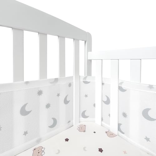 Breathable Mesh Crib Liner for 3 or 4 Side Full-size Crib, Protecting Baby Legs and Arms, Block Pacifier from Falling, 11'H (28cm) Essential 3mm Breathable Mesh Liner, Star and Moon Pattern, White