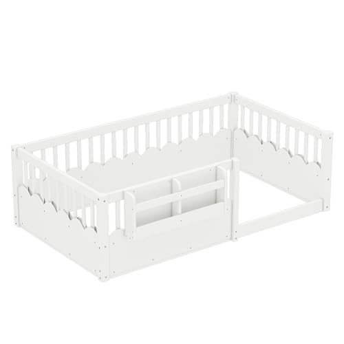 Image of Bellemave Twin Size Kids Montessori Floor Bed,Solid Wood Floor Bed Frame with Bookshelf and High Fence for Kids,Girls,Boys,White