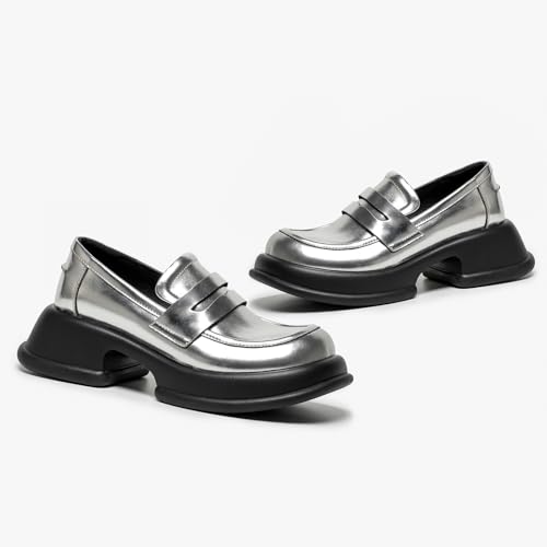 Image of BEAU TODAY Chunky Loafers Women,Patent Full Grain Leather Loafers for Women,Comfortable Slip-on Fashion Platform Shoes, Non Slip Business Casual Work Office Square Toe Dress Shoes