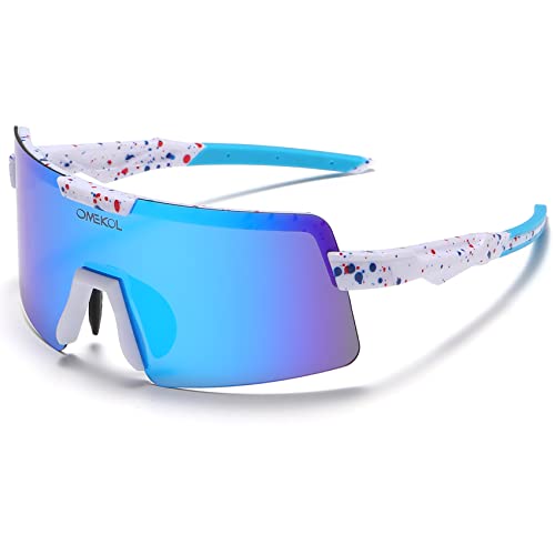 Omekol Polarized Sports Sunglasses Cycling Glasses Uv400 Mountain Bike Goggles Mtb Riding Bicycle Eyewear Men Women Baseball Running Fishing Golf Outdoor - White Frame With Red Blue Dots/Blue Lens #TOP11