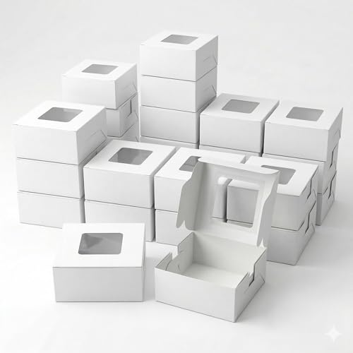 bekokart 4x4x2 Inch White Window Bakery Boxes (Pack of 20) | Food Grade Dessert Packaging for Brownies, Cookies, Pastries & Mini Cakes | Clear Window 