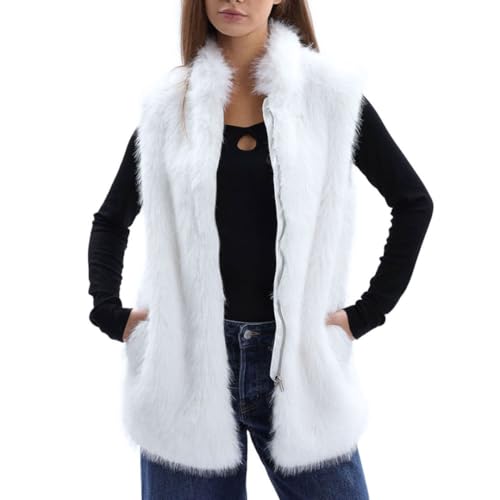 Amazhiyu Women's Faux Fur Zip Up Vest Stand Collar Sleeveless Jacket with Pocket
